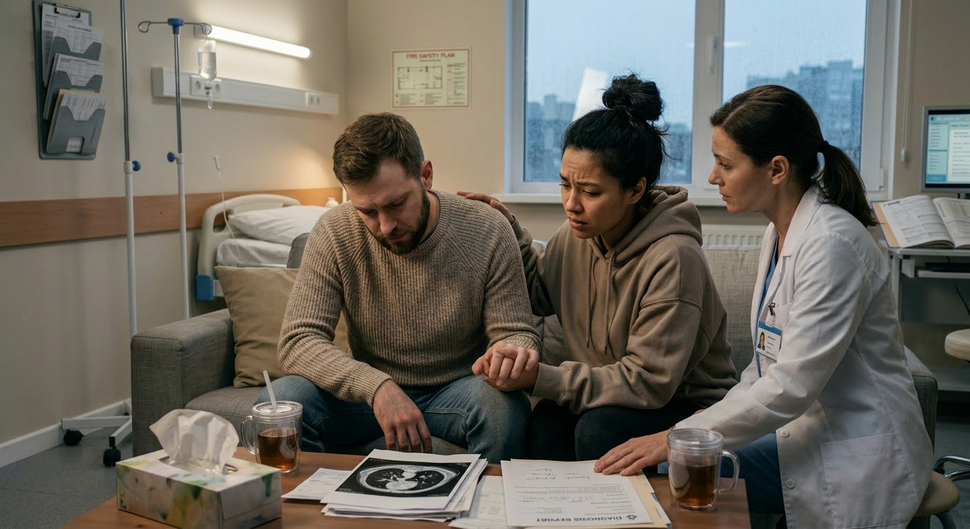 A couple sitting on a couch looking stressed while reviewing bills and paperwork on a table