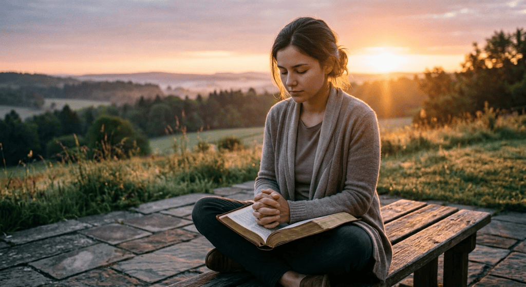 Woman sitting cross-legged on a bench with an open book, praying at sunrise outdoors